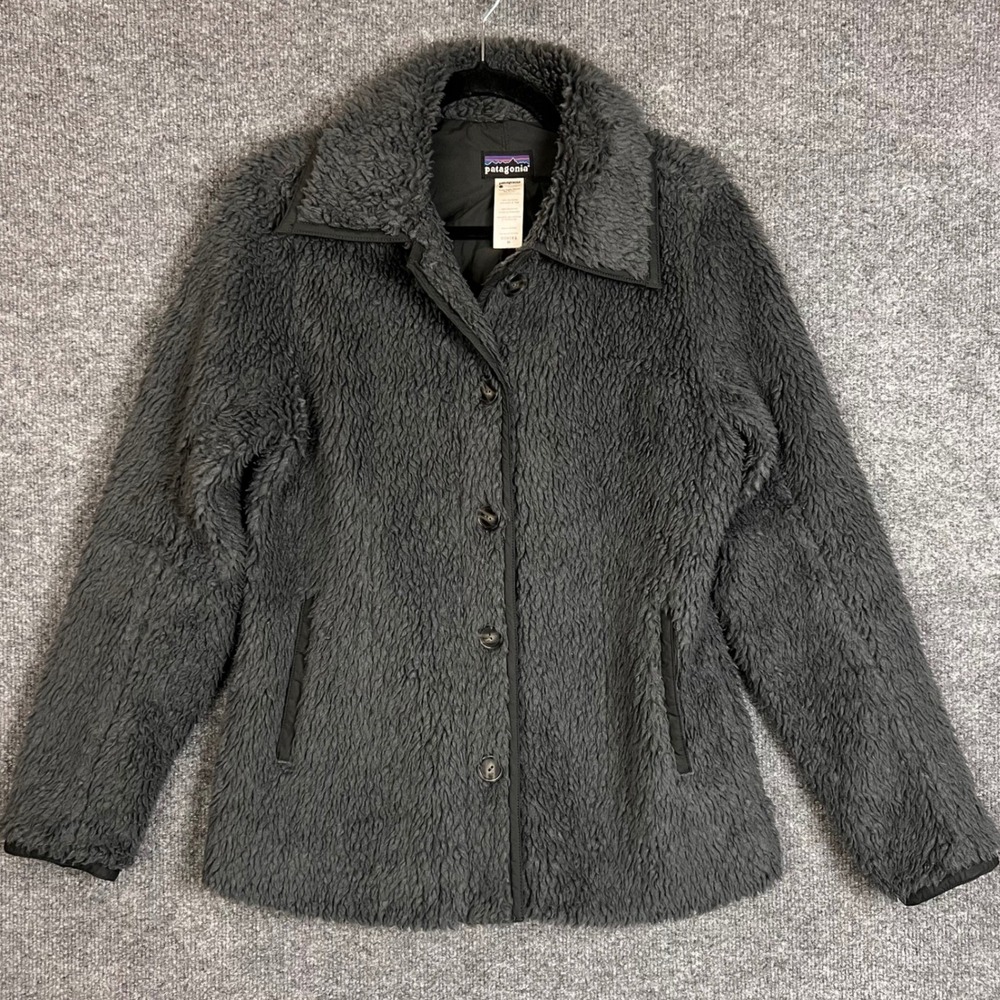 Patagonia Fleece Jacket Womens M Gray Button Front Collared Shag Coat